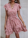 Zjkrl Women's Temperament Street Foreign Trade Dress Waist V-neck Small Floral Long Dress Spring And Summer New
