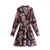 Zjkrl - 2023 Spring New Women Flowers Print Dress Elastic Waist Office Ladies Short Dress