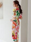 Zjkrl - Elegant Office Women Dress Vintage Floral O-Neck Short Sleeve Slit Slim Midi Club Robe Femme Ladies Vestidos Ropa Mujer Verano