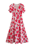 Women French Style Floral Print Dress Vintage Short Sleeve V Neck Ladies Holiday Summer Long Dress