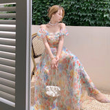 Zjkrl 2023 Summer French Vintage Floral  Beach Dress Puff Sleeve Sexy Backless Slip Dresses Elegant Temperament Korea Long Dress