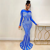 Zjkrl Sexy Rhinestones Floor-length Evening Dresses Luxury Elegant Women's O-neck Long Sleeve See-through Mesh Night Club Long Dress