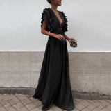 Zjkrl Formal Party  Dress Women Deep V-Neck Long Dress Elegant Flying Sleeves Backless Maxi Evening Dresses Robe De Soiree
