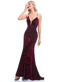 Zjkrl - Deep V Neck Burgundy Sequin Evening Dress Sexy Suspenders Party Maxi Dress Mermaid Long Prom Dresses For Women 2023