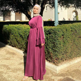 Soft Solid Muslim Dress O Neck Waist Women Ankle Length Fashion Dress Solid Long Satin Ramadan Muslim Clothes Long Sleeve Dress
