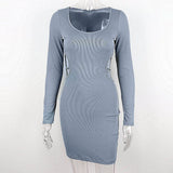 Zjkrl - Blue Bodycon Dresses for Women 2023 Spring Fashion Cut Out Lace Up Backless V Neck Long Sleeve Mini Dress