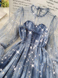 New Female O-neck Stars Sequined Mesh Shiny Fairy Dress Women Elegant Bling Gauze Princess Puff Dresses Vestidos De Fiesta