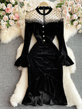 Zjkrl - Autumn Women Black Mesh Patchwork Velvet Party Dress Elegant Stand Collar Flare Long Sleeve Ruffle Mermaid Robe Female 2023 New