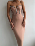 New Women&#39;S Fashion Bead Chain Crystal Design Long Dress Sexy Sleeveless Backless Celebrity Party Bandage Dress