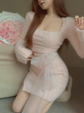 Winter Sexy Knitted Two Piece Set Women Korean Fashion SlimParty Mini Skirt Suit Female Long Sleeve Bow Sweater Skirt Set 2023