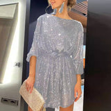 Zjkrl - Autumn Winter Elegant Solid Sequin Party Dress Women Casual Long Sleeve A-Line Dress Lady Fashion Shiny Loose Mini Dress Vestido