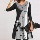 Zjkrl - Fashion Long Sleeve V Neck Midi Dress Autumn Ladies Button Splicing Loose Dress New Vintage Geometric Puzzle Print A-line Dress
