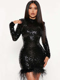 Zjkrl - Fashion Sexy Bodycon Birthday Party Dress for Women 2023 Spring Long Sleeve Feather Sequins Short Evening Dresses Black Red