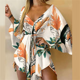 Sexy Large V Neck Bat Sleeve Dresses Casual Women's Spring Summer Fashion Print High Waist Lace-up Cotton Slim Fit Ladies Dressy