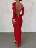 Zjkrl Backless Maxi Dress Elegant Red Long Sleeve Sexy Ruched Bodyocn Evening Party Dress for Women 2023 Spring Slim Christmas Outfits