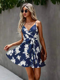 Spaghetti Straps Dress Summer Floral Print Suspender Women Dress Floral Print Surplice Front Belted Cami Dress
