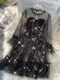 New Female O-neck Stars Sequined Mesh Shiny Fairy Dress Women Elegant Bling Gauze Princess Puff Dresses Vestidos De Fiesta