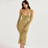 Zjkrl Women Chiffon Zipper Sexy Y2K Clothes Lace Up Halter Backless Long Sleeve Bodycon Midi Dress Outfits Party Club
