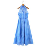 Romantic Women Blue Plaid Halter Long Dress Sexy Backless Sleeveless Ladies Holiday Summer Dresses Fairy Robe