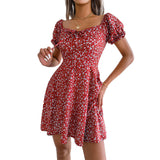 Zjkrl - 2023 New Casual Short Sleeve Square Neck Lace-up Dress Retro Women Floral Printed Mini Dress Ladies Fashion Slim Office Dresses