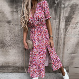 Vintage Floral Print Dresses Women Summer Sexy V Neck Side Slit Elegant Long Dress Female Casual Short Sleeve Button Party Dress
