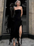 Zjkrl - Black Strapless Midi Dress Women Fashion Irregular Ruffles Y2K Fairy Dress Sexy Backless Split Party Club Outfits 2024 Summer