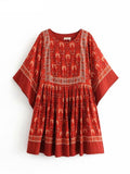 Zjkrl Vintage Chic Fashion Women Red Floral Print O-neck Loose Bohemian Mini Dresses Ladies Batwing Sleeve Cotton Beach Boho Dress