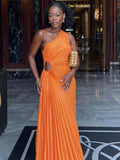 Zjkrl Lady Roll Waist Sleeveless Pleated Ruched A-line Dress Women One Shoulder Sexy Prom Evening Dresses New Fahion Chothing