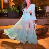 Zjkrl Sexy V-Neck Backless Hollow Out Dress 2023 Summer Women Lantern Sleeve Club Party Long Maxi Dresses Tunic Beach Cover Up A916