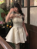 Y2k Sweet Party Sleeves Mini Dress Female Vintage Bow Princess Design Strap Dress Birthday Solid Slim Dress Fashion 2023 Summer