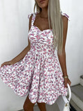 Zjkrl - 2023 Summer Fashion Short Boho Dress Women Mini Floral Print Dress Female Sleeveless Hanging Belt Printed Waist Folded Dress
