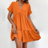 Zjkrl - Casual Women Short Sleeve Mini Dress 2023 Spring Summer V-neck Loose Dresses Cute Solid Big Hem Beach Dress Robe De Plage