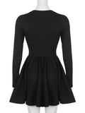 Zjkrl - Korean Clothes Long Sleeve Corset Black Dress Female Solid Basic O Neck Fashion Autumn Dress Pleated Slim Elegant New