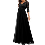 Zjkrl Women&#39;s Elegant Vintage V Neck 3/4 Sleeve Floral Lace Chiffon Wedding Bridesmaid Maxi Dress Long Formal Dresses