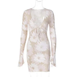 Zjkrl - Floral Print Women's Sexy Deep V Neck Lace-up Long-sleeve Ruffle Buttock Mini Dress Summer Party Night Club Dresses