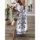 Zjkrl Vintage Print Maxi Dress Women 2023 Summer Elegant V Neck Short Sleeve Loose Split Casual Dress Female Party Boho Beach Vestidos