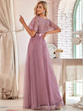 Zjkrl 2023 New Women's Burgundy A-Line Sequin Mesh Leaf Maxi Prom Dress Sparkle Evening Dresses O-Neck Short Sleeve Long Dress