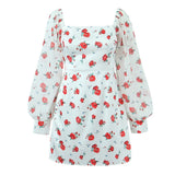 Zjkrl - 2023 Women French Style Rose Flower Print Satin Dress Vintage Puff Long Sleeve Ladies Holiday Mini Robe
