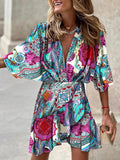 Zjkrl - autumn Irregular Mini Dress For Women Fashion Print Casual Bohemia Style Vacation Sundress Women&#39;s Bat Sleeve Ruffles Dresses