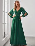 Zjkrl - Elegant Evening Dresses Long Lantern Sleeves V-neck 2023 ever pretty of A-LINE Chiffon Burgundy flower beltbelt Prom Dress Women