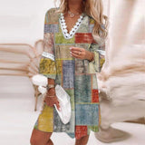 Zjkrl Vintage Print Trumpet Sleeve Boho Beach Dress Women Fashion Lace Patchwork V-Neck Party Dresses Lady Loose A-Line Dress Vestidos
