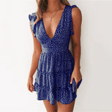 Zjkrl - Elegant Ruffle Hem Summer Dress Women Wrap V Neck Polka Dot Printed Dress Flying Sleeve Mini Floral Beach Dresses For Women