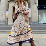 Zjkrl - Elegant Floral Print Holiday Boho Long Dress 2023 New Spring Casual Beach Dress Feminine V-Neck Half-Sleeve Ruffled Waist Dress