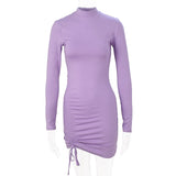 Zjkrl - 2023 Spring Autumn Sexy Party Dress Women Long Sleeve Ruched Bodycon Black Purple Turtleneck Bandage Mini Dresses vestidos