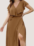 Party Dresses For Women 2023 Plus Size Summer Midi Dress V-Neck Solid Ruffle Sleeve Belted Wrap Dress