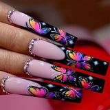 Zjkrl - 24Pcs Full Cover False Nails Red Rhinestone Planet Long Ballerina Coffin Nail Tips Detachable Fake Nails Press on Nails Manicure