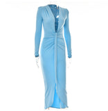 Zjkrl - Elegant Pleated Casual Bodycon Long Dress Autumn Winter Women Slim Evening Party Robe Sexy Bandage Ladies Dress