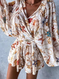 Sexy V-Neck Long Sleeve Top & Elastic Waist Short Floral Print Beach Outfit Fashion Lace Up Loose Chiffon Set Women Elegant Suit