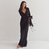 Zjkrl - Elegant Black Sheer Beach Dress Women Sexy Flare Sleeve Mesh Tassel Bodycon Summer Dress 2023 Night Party Long Dress Cover-Ups