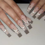 Zjkrl - 24Pcs Full Cover False Nails Red Rhinestone Planet Long Ballerina Coffin Nail Tips Detachable Fake Nails Press on Nails Manicure